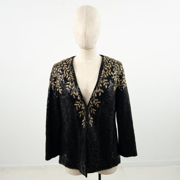 Vintage 80s S/M Vine Bedazzled Sequin Blazer Black - Picture 7 of 7